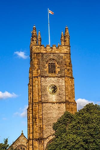 Steeple, St. Andrews Church, Plymouth, Devon, England. Church originally founded early 1100s. Art Print